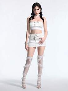 ROMWE Grunge Punk Y2K性感夸张金属腰带装饰两件套（女士款） - 白色 - 查看 4