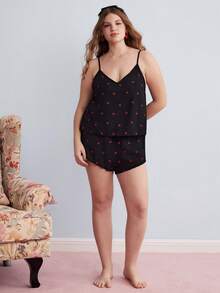 Elorette Plus Size Cherry Print Chiffon Lace Patchwork 2-Piece Set - Black - View 4
