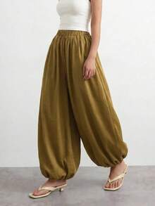 SHEIN PETITE Women's 2026 Spring/Summer New Style Long Green Silk-Feel Pants, Vintage Style, Satin Finish, High-Quality Texture, Street Style, Elegant And Suitable For Parties, Outings, And Casual Outings. ,Petite Women - Fresh Green - View 4