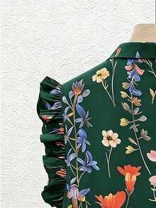 SHEIN Franclia 女款花卉印花百褶休閒百搭日常出遊襯衫 - 墨綠色 - 查看 3
