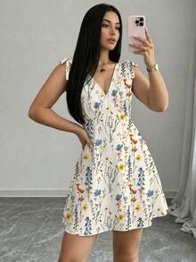 Elenzga Plus Size Women's French Elegant Bohemian Cute Kawaii Casual Cottage Core Boho Goth Minimalist Polka Dot Shoulder Tie Dress Wedding Vacation Brunch - Apricot - View 4