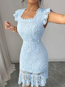 Elenzga Vestido ajustado elegante de mujer con malla floral de unicolor y diseño calado - Celeste - Ver 4