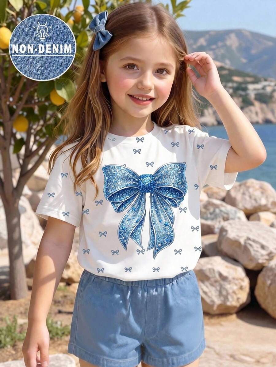 2件/套 女童幼兒夏季新款柔軟面料蝴蝶結印花圓領短袖T恤彈性腰鬆身短褲簡約百搭時尚夏季海灘度假休閒套裝