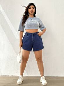 Elaquor Celana Pendek Denim Kasual Serbaguna Pinggang Tinggi untuk Wanita Ukuran Plus dengan Kantong - Dark Wash - View 5