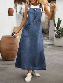 EMERY ROSE Plus Size Women's Casual Daily Denim Overall Dress With Pockets - Dark Wash - View 7