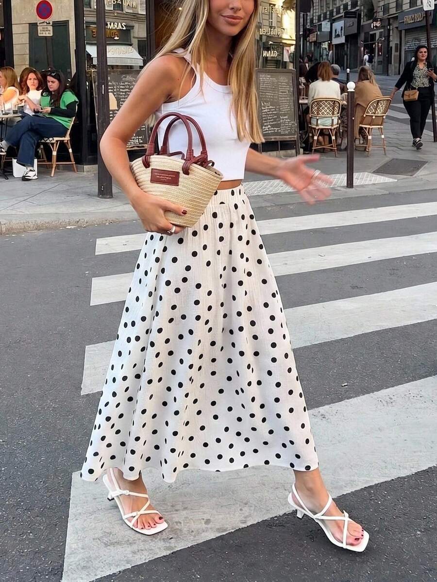 SHEIN PariChic Women's Summer Casual Polka Dot Midi Skirt, Elastic High Waist A-Line Flowy Skirt - Multicolor - View 1