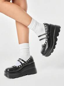 ROMWE Grunge Punk Ladies Black Punk Gothic Strap Mary Jane Shoes, College Loafers, Platform Muffins And Shoes - Black lace - View 3