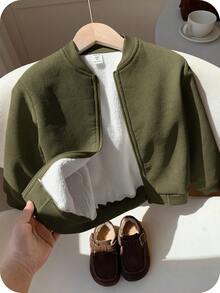 SHEIN 兒童小男孩燈芯絨抓絨內裡超拉鍊夾克填充外套，適合通勤、上學、日常休閒、大學校園、外出、運動，秋冬穿著 - 軍綠色 - 查看 1