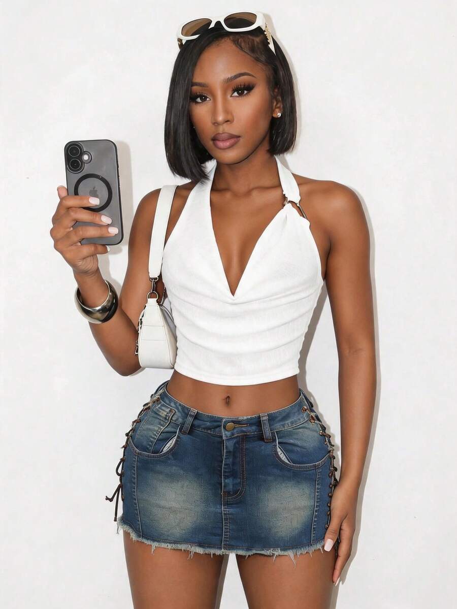 Mistrie Women's Elegant Cowl Neck Backless Halter Top For Summer Party Night White - White - View 1