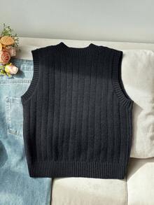 SHEIN 青少年女孩淺杏色V領刺繡針織背心毛衣，柔軟舒適，適合日常穿著、外出、旅行、度假、居家、托兒所及玩耍 - 黑色 - 查看 2