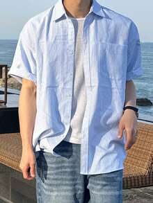 DAZY 短袖藍色條紋襯衫搭配男士條紋通勤襯衫 - 藍色 - 查看 4