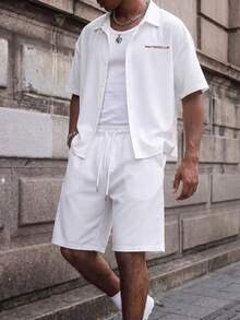 Major Grit Men's Letter Print Shirt And Shorts Set - White - View 4