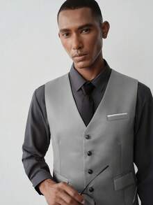 MENRIVO Men's Solid Color Single-Breasted Waistcoat And Pants Business Suit Set, Formal, Ceremony - Grey - View 5
