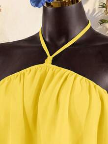 SaltGleam SaltGleam Sexy Tropical Summer Beach Party Vacation Backless Camisole Top With Bead Decor, Asymmetric Hem, Double Layer Flowy Ruffle, Mini Skirt Yellow - Pale Yellow - View 4