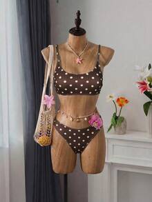 Swim Mod 女款 2 件式比基尼泳衣套裝，波點咖啡色印花，隨機雙肩帶，休閒百搭海灘度假泳裝 - 咖啡棕 - 查看 5