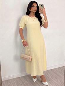 Elenzga Women's Spring/Summer Elegant Casual Commute Cream Yellow Textured Puff Sleeve Round Neck Loose Fit Flattering Back Pearl Ring Tie Hollow Design Long Dress - Yellow - View 4