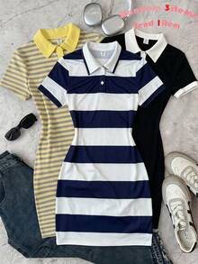 SHEIN Vestido casual de verano para adolescentes, de ajuste ceñido, con rayas amarillas y grises, cuello amarillo, estilo preppy - Amarillo - Ver 1