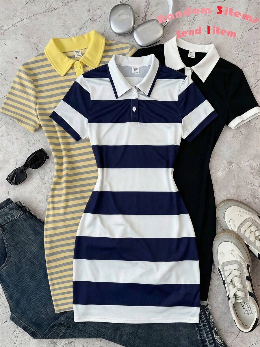 SHEIN Vestido casual de verano para adolescentes, de ajuste ceñido, con rayas amarillas y grises, cuello amarillo, estilo preppy - Amarillo - Ver 1
