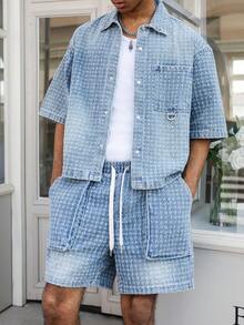 Manfinity EMRG Men's Street Style Casual Crochet Blue Denim Short Sleeve Shorts Set - Medium Wash - View 7