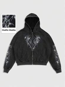 ROMWE MEN Goth 男士連帽拉鍊口袋休閒百搭日常穿著長袖運動衫 - 黑色 - 查看 1