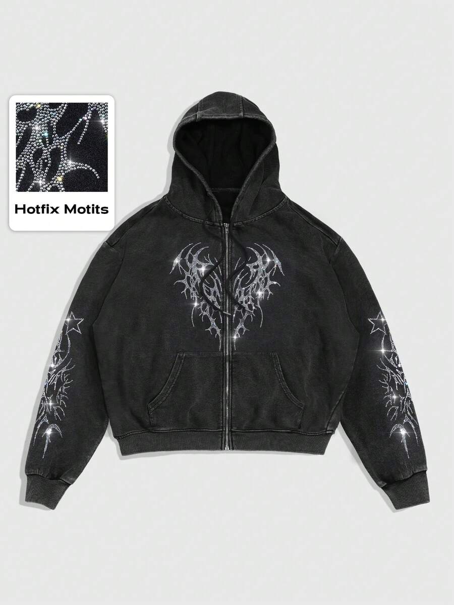 ROMWE MEN Goth 男士連帽拉鍊口袋休閒百搭日常穿著長袖運動衫 - 黑色 - 查看 1
