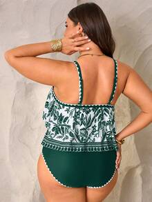 Swim Lushoire Plus Size Women 2pcs Set White Spaghetti Strap Double Layer Ruffle Hem Top With Ruched Ruffle High Waist Pants, Summer Beach Vacation Vacation - Multicolor - View 2