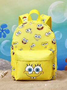 SpongeBob SquarePants | SHEIN 1 個卡通角色圖案印花聚酯纖維背包，可調節肩帶，適合學生、男士、女士，適用於學校、戶外遠足、休閒健行、旅行、通勤，海綿 - 黃色 - 查看 2