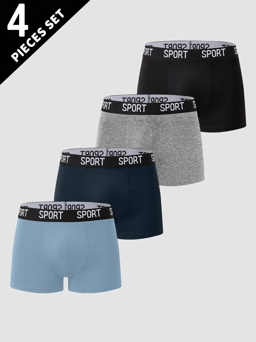 4pcs Teen Boys Boxer Briefs, Comfortable Soft Solid Color Waistband With English Sport Letter Print - Multicolor - View 1