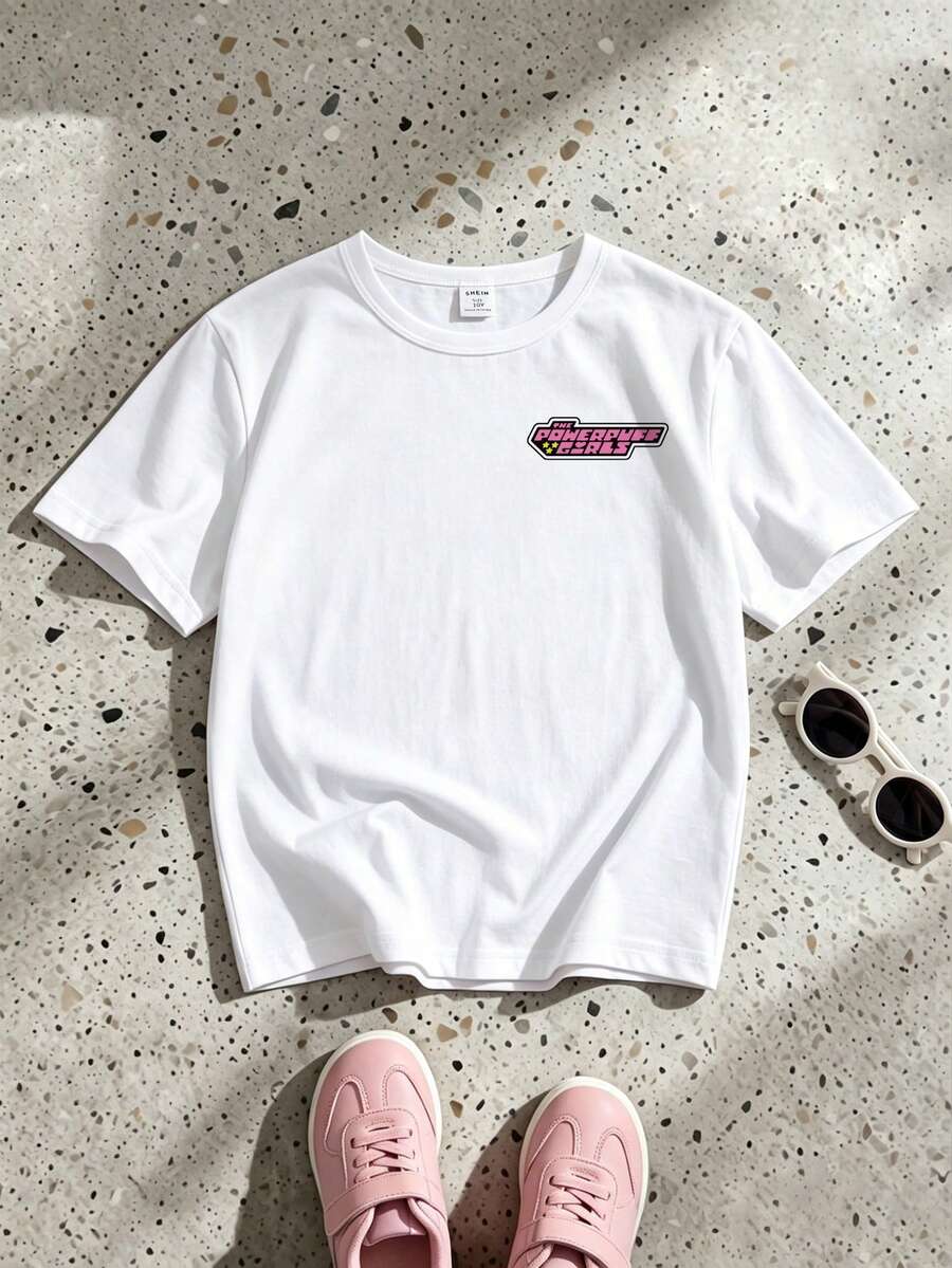THE POWERPUFF GIRLS X SHEIN GraphicGems 少女休闲街头日常通勤趣味卡通字母印花宽松白色T恤,夏季 - 白色 - 查看 1