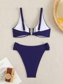 Swim Vcay 女款海灘裝夏季套裝，新款夏季兩件組海灘度假上衣配U型鋼圈與高腰比基尼泳褲，女款泳衣套裝 - 藍色 - 查看 2