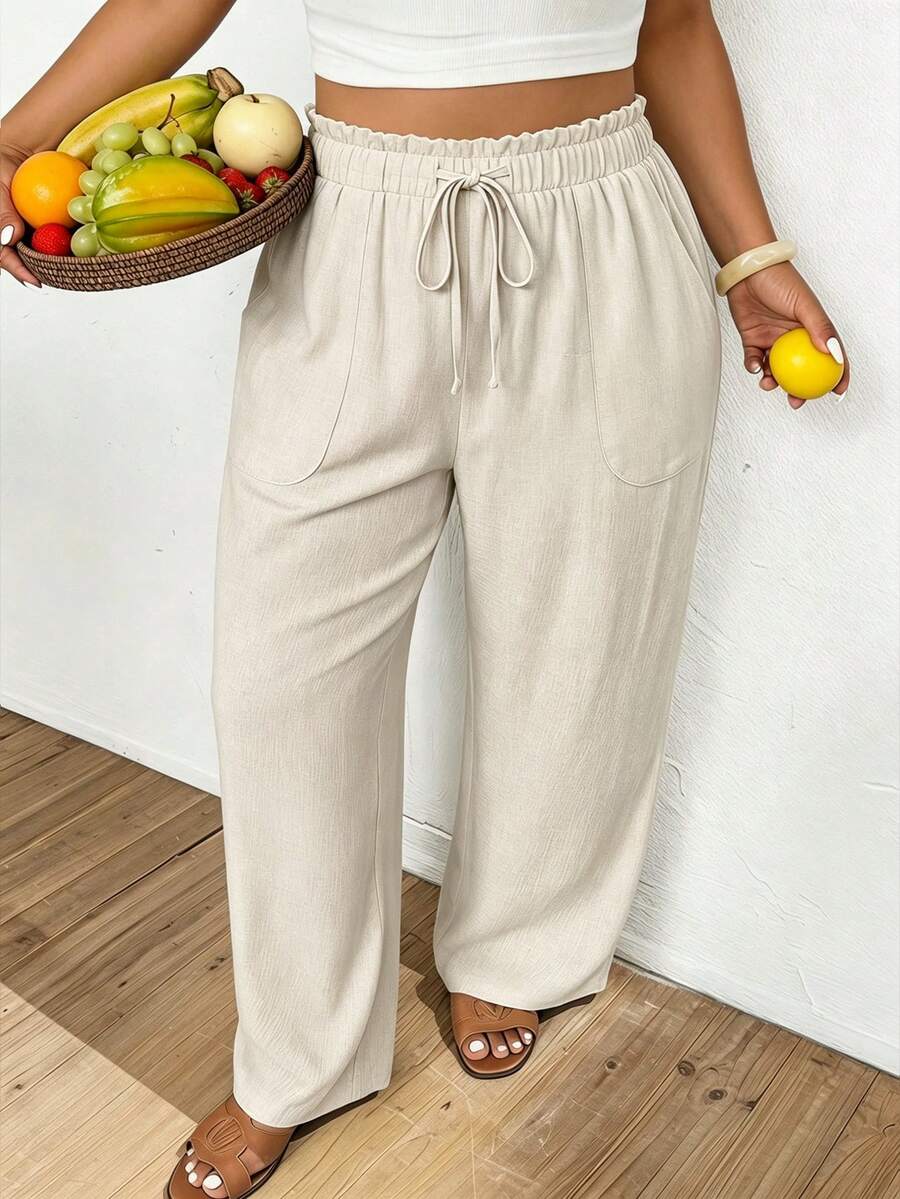 Lounesse Plus Size Women's Casual Ruffled Waist Tie Bow Pocket Loose Pants, Suitable For Spring & Summer - Apricot - View 1