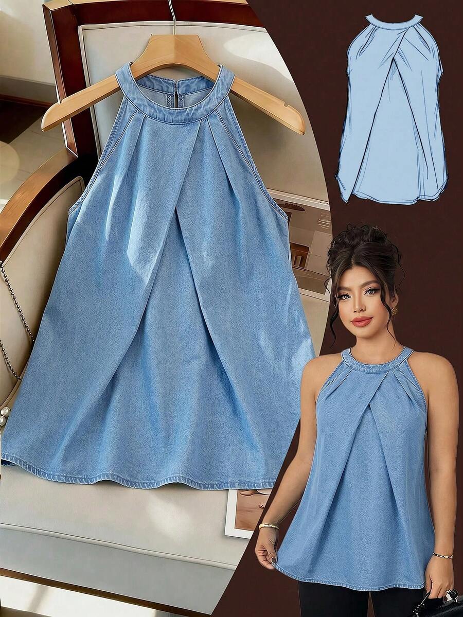 GlowEve CURVE Atasan Halter Denim Katun Tencel Lyocell Ukuran Plus Wanita - Krem - View 1