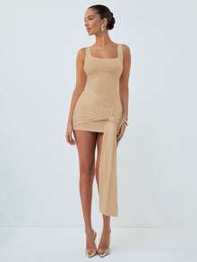 Hauture Clean Sleeveless Mini Dress With Layered Wrap Construction Club Going Out Date Night Out Beige Summer Sexy Casual - Cream - View 2