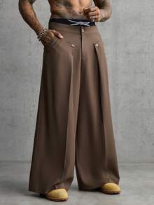 AXEPEAK Men's Pocket Pleated Design Wide Leg Loose Pants - Brown - View 2