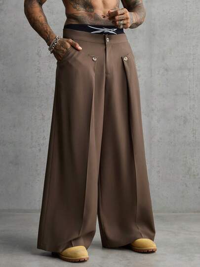 AXEPEAK Men's Pocket Pleated Design Wide Leg Loose Pants
