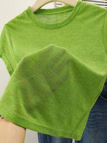 Resyla Women's Textured Solid Color Round Neck Fashion Versatile Casual Top Everyday School Lime Green Summer - Green - View 6