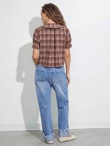 WESTFADE Kemeja Kancing Depan Lengan Pendek Berkerah Ruffle Motif Kotak-kotak, Atasan Kasual Lucu Gaya Pedesaan untuk Wanita, Musim Gugur - Berwarna merah muda - View 2