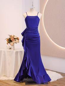 Wedding Party Bridal Shower Girls' Solid Color Spaghetti Strap Square Neck Fitted Slit Patchwork Ruffle Long Dress For Prom Performance Royal Blue - Navy Blue - View 5