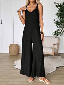 EMERY ROSE Women's Solid Color Casual Sleeveless Wide Leg Jumpsuit - Black - View 4