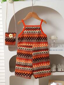 SHEIN Playful Pals 女童夏季新款彩色鉤編彈性波浪條紋細肩帶無袖修身連身褲，附花卉裝飾＋精緻花卉斜挎包，甜美可愛度假海灘穿搭 - 橘色 - 查看 2
