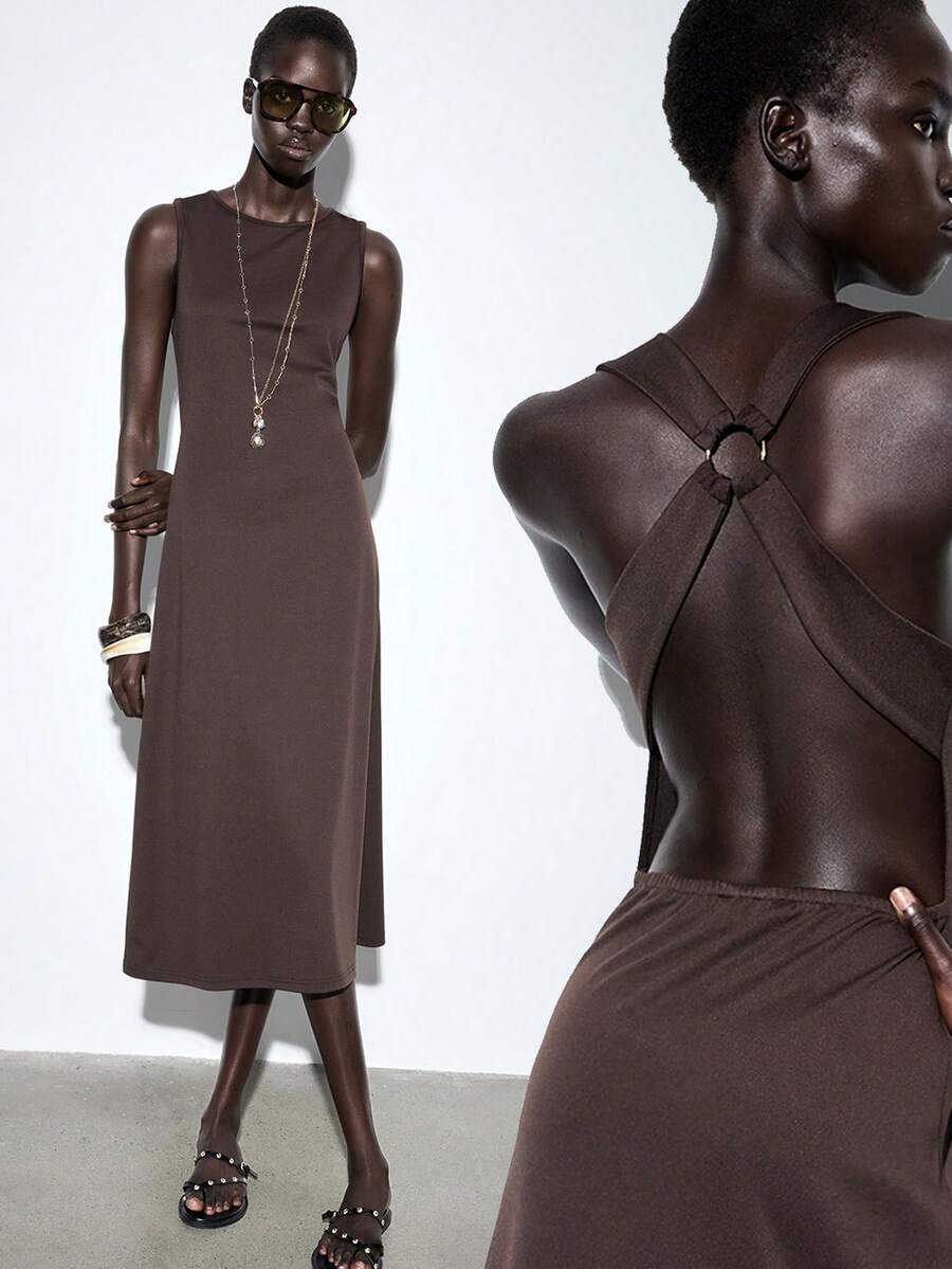 Lumivelle Women's Pastal Criss-Cross Metal Ring Decor Dress, Elegant Sexy Summer Casual Everyday Vacation Solid Carnival, Party Date Night Golf, Valentine's Day - Brown - View 1