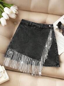 SHEIN MOD Women's Button & Tassel Design Casual Versatile Daily Denim Mini Skirt - Black - View 1