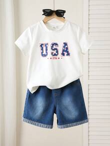 SHEIN 兒童青少年男/女童 2件組 春夏時尚休閒美式國旗圖案短袖T恤與牛仔短褲套裝，青少年男童夏季服飾套裝，柔軟舒適，日穿搭 - 白色 - 查看 7