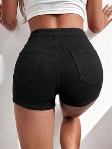 SHEIN ICON Plus Size Women Solid Color High Waist Casual Minimalist Design Daily Versatile Denim Shorts - Black - View 2