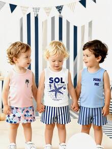 Souflis Souflis 3 Sets Baby Boy Outfit Set, Fashionable & Simple Coconut Tree Print Tank Top Paired With Contrast Pattern Coconut Tree Print Shorts - Multicolor - View 3