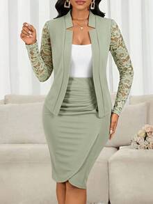 SHEIN Lady 2件套女士薄荷绿蕾丝拼接长袖上衣和半裙套装，适合秋冬季穿着 - 薄荷綠 - 查看 6