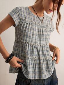 Freevana Women's Plaid Round Neck Cap Sleeve Frill Trim Casual Blouse Picnic Blue Plaid Plaid Summer Back-To-School Picnic Brunch - Multicolor - View 1