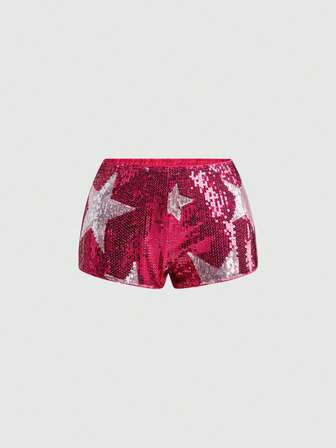 ROMWE Avant Damen Ultra-Tief-Taille Mini-Shorts mit Stern-Pailletten-Verzierung, geeignet für Musikfestivals, Bankette, Konzerte, Partys, Alltag und weitere Anlässe