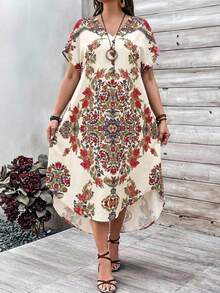 EMERY ROSE Plus Size Women Floral V-Neck Short Sleeve Elegant Boho Dress Summer Spring Clothing Country Style Vacation Beige - Multicolor - View 7