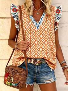 EMERY ROSE Blusa de mujer con estampado floral, cuello en V y mangas acampanadas para vacaciones - Multicolor - Ver 4